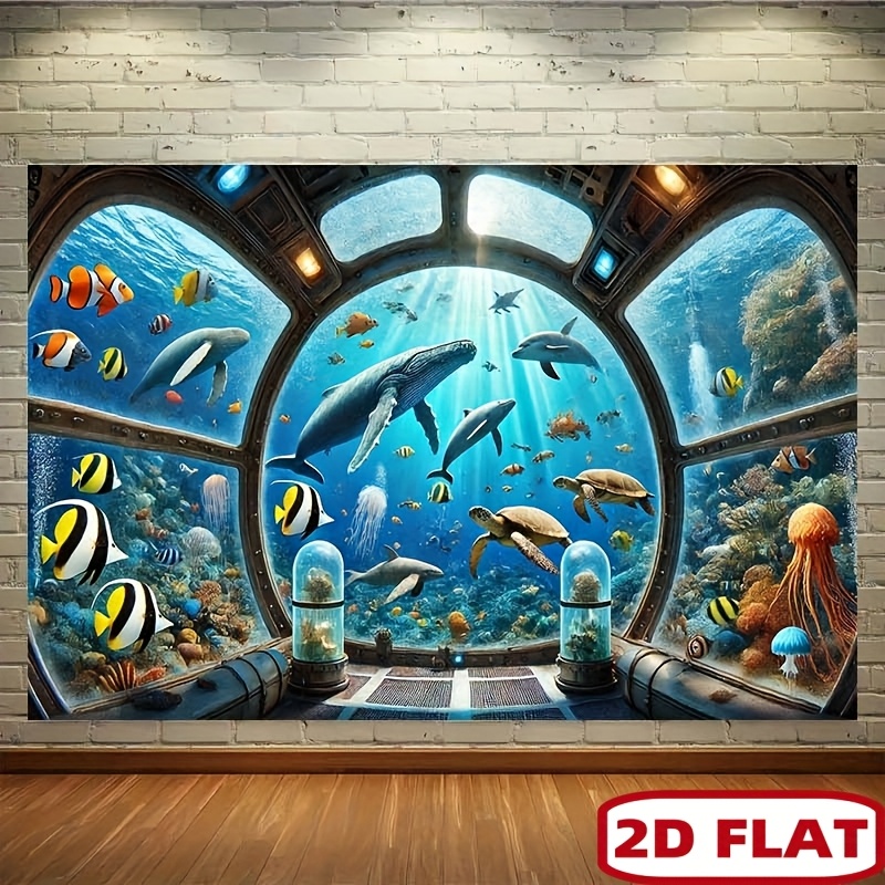 Ocean Aquarium - Unterwasser-U-Boot-Fenster-Walhai-Wandteppich, 2D-Flachdruck, Wandbehang, Hintergrund für Kinderzimmer,
